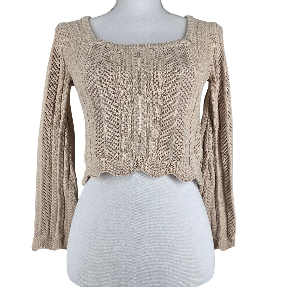 PINK ROSE WOMEN'S CROPPED KNIT SWEATER SIZE SMALL BEIGE TEXTURED CABLE OPENWORK